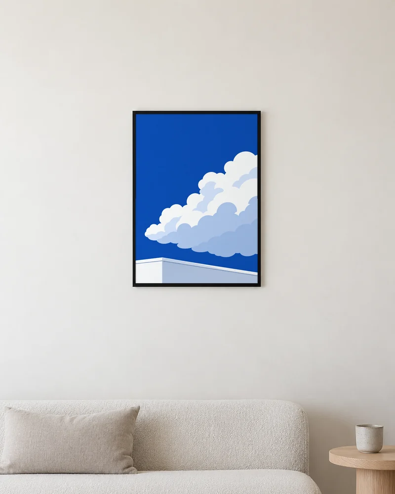 雲と屋根をソファの上に飾った様子
