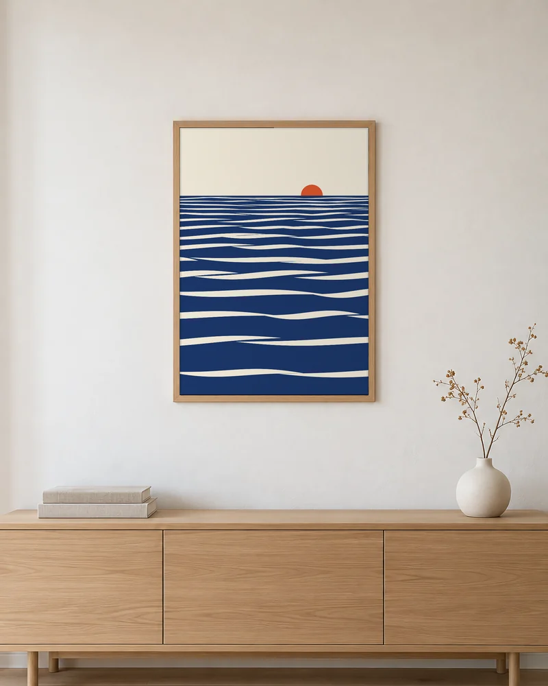 日が沈む海をリビングに飾った様子